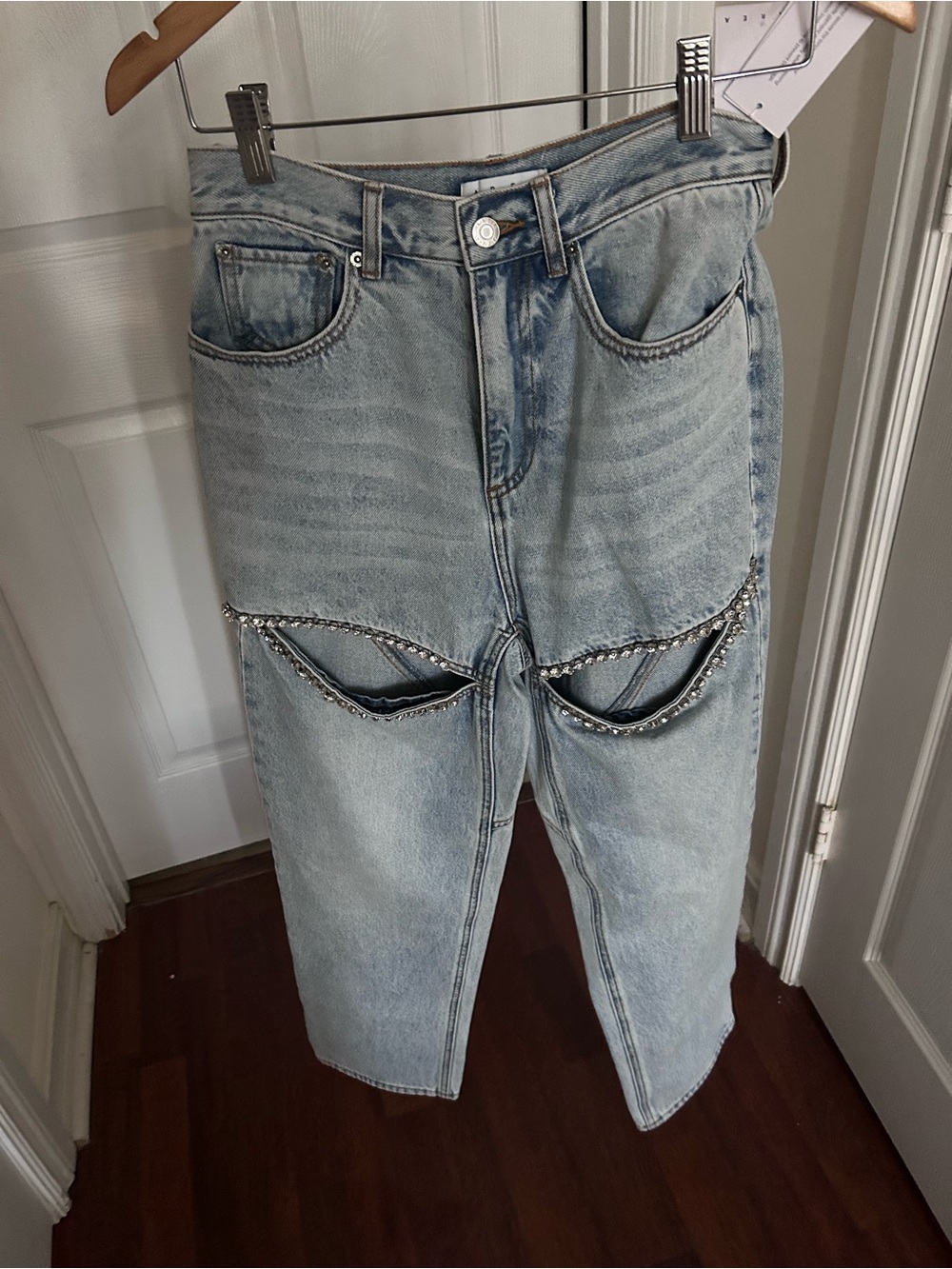 NWT AREA Crystal Slit Cotton Denim straight Leg Jeans 26 - Picture 3 of 14